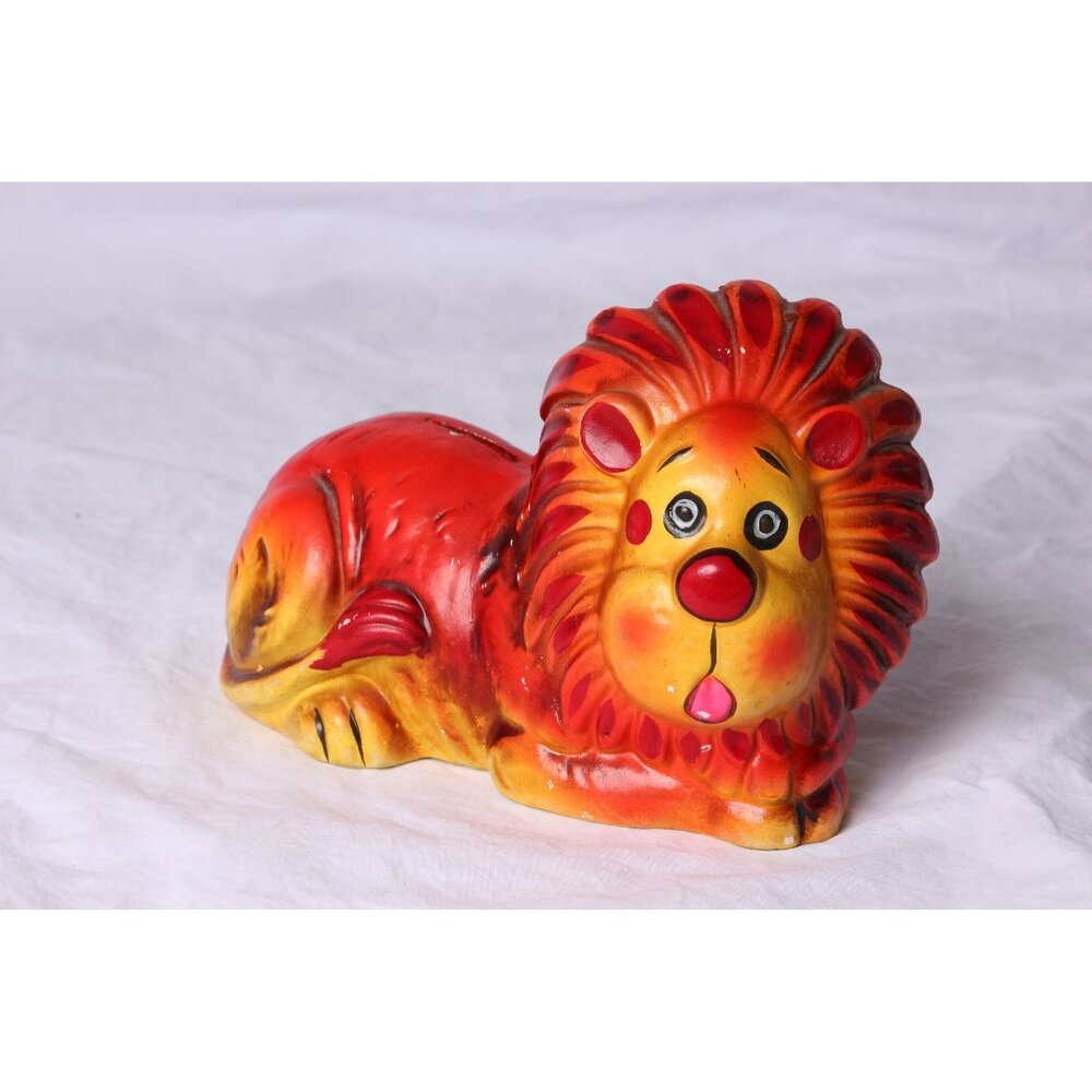 Vintage 1960's Rossini Lion Piggy Bank Papier Mache Red Gold Paper Label